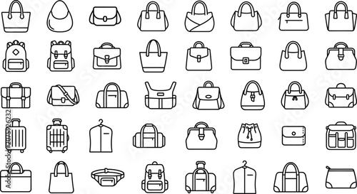 Icon set 40 line drawings of various bags and luggage handbags backpacks suitcases and more