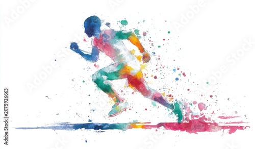 Colorful watercolor painting of a man running fast as an abstract silhouette with watercolor silhouette abstract colorful exercise painting movement training illustration splatter creative