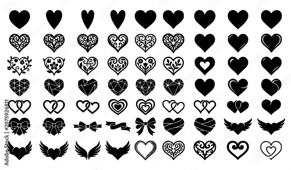 Fototapeta premium Elegant Heart Silhouette Collection with Decorative Love Shapes Vector Set