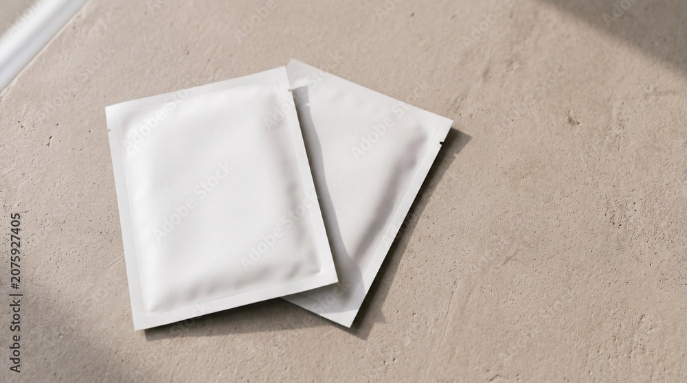 Fototapeta premium Two blank white cosmetic sachet mockups on a neutral concrete background.