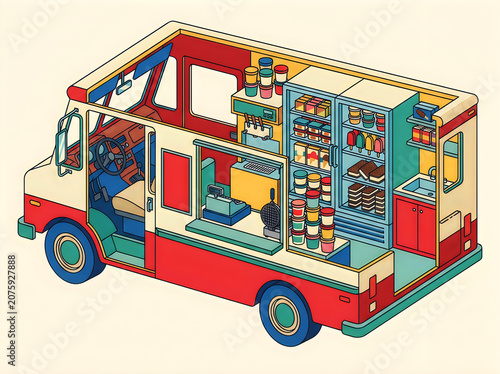 Isometric vector illustration of open mobile ice cream truck interior
