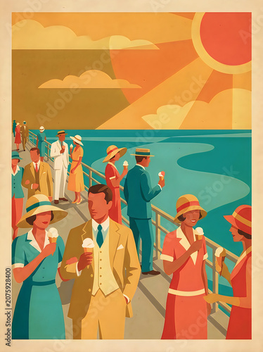 People eating ice cream on seaside pier during summer vacation illustration