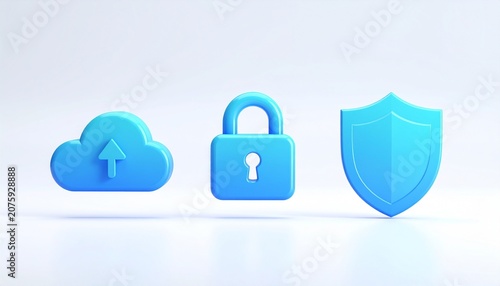 Cloud Upload, Padlock and Shield Security Icons on White Background – Cybersecurity and Data Protection Concept