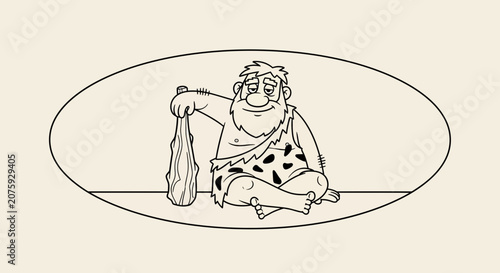 Happy Caveman Sitting with Club - Prehistoric Man Character