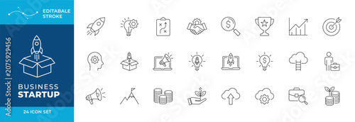Business Startup Icon Set, Thin line editable stroke vector collection for innovation launch 