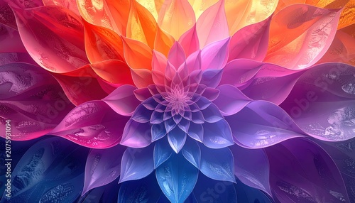 Colorful, fractal floral bloom radiates light, with petals in rainbow hues