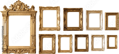 Vintage golden picture frames set featuring ornate baroque luxury borders for mirrors photos and paintings vector elements