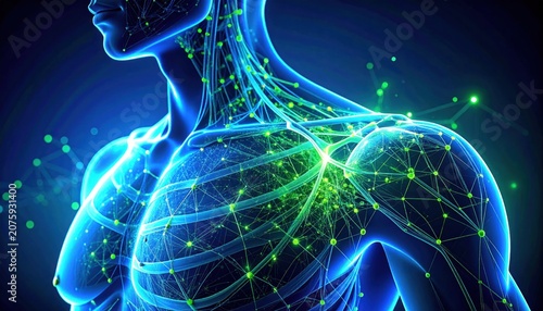 Digital illustration of human anatomy with glowing neural networks