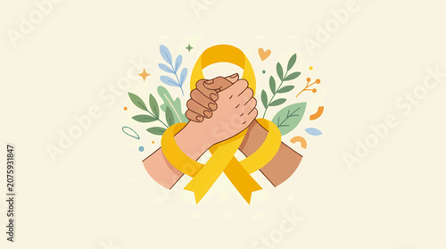 Two hands clasped together with a yellow ribbon and floral elements