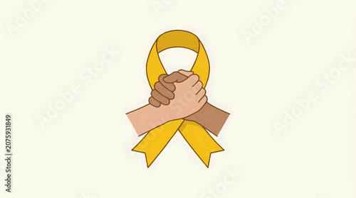 Symbol of unity and support with a yellow ribbon and clasped hands of different skin tones