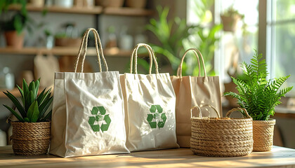 reusable canvas shopping bags with recycle symbol, sustainable lifestyle, eco-friendly living