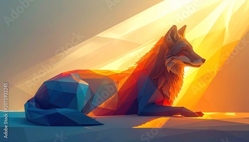 Digital illustration of a resting fox, geometric style, bathed in warm light