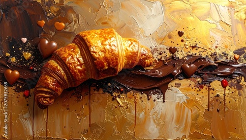 Flaky croissant and chocolate hearts on a textured gold background