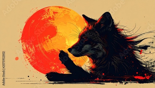 A stylized fox silhouette with an eye-catching red sun in the background
