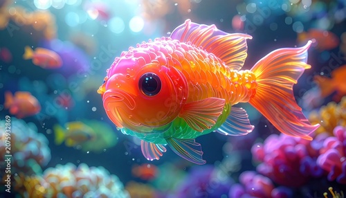 Vivid, cartoon-like goldfish swims in a colorful underwater world