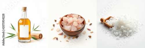 Oil, salt, spices presented. Natural ingredients for wellness, beauty routines. Cinnamon stick, bamboo leaves visible. Pink crystals, white granules shown. © antishock