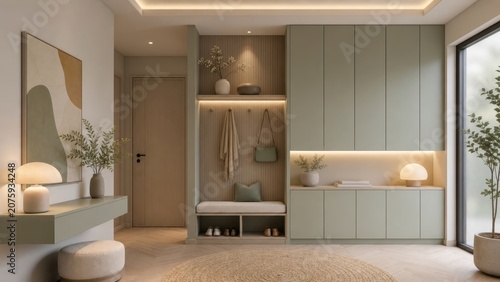 Modern entryway mudroom with green cabinet, built in bench and integrated ambient lighting