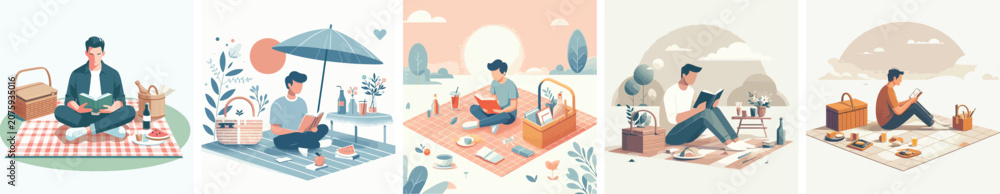 Obraz premium Vector of a man reading a book on a picnic mat. Vector, illustration, minimalist, flat
