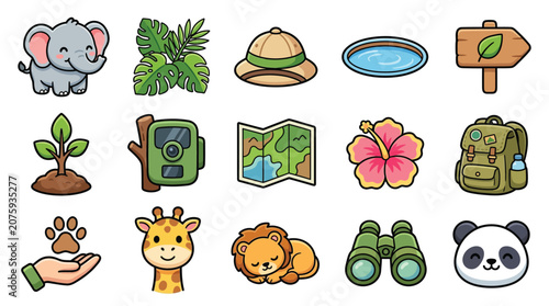 Photography Collection of cute cartoon safari and nature icons including animals, plants, and equipment