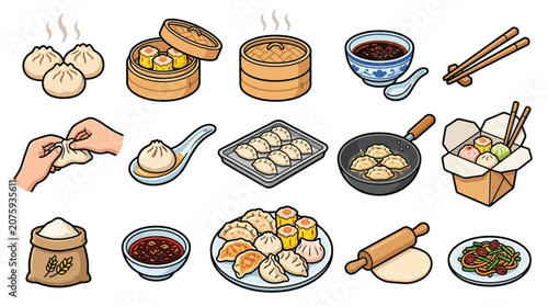Foto Collection of delicious Chinese dumplings and dim sum dishes, including steaming baskets, ingredients, and preparation steps