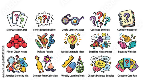 Fotografie Collection of whimsical and quirky icons representing curiosity, learning, and fun ideas
