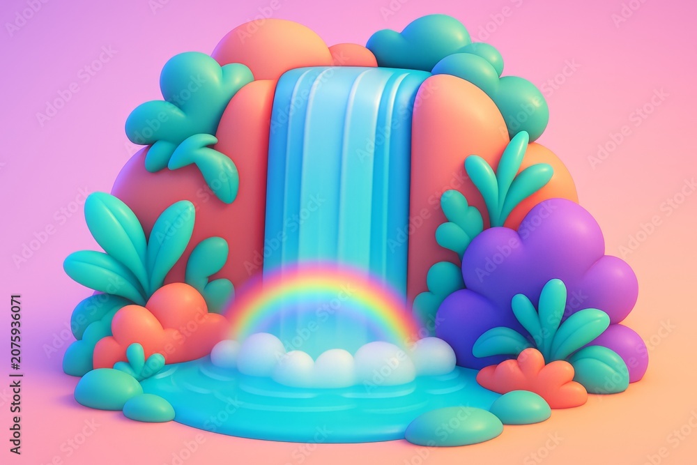 Naklejka premium Colorful cartoon-style waterfall with rainbow, surrounded by soft, stylized plants and rocks, on a pastel pink gradient background. Ai generative