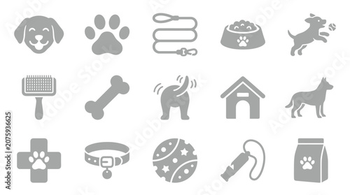 Fotografia Collection of dog-related icons and symbols, including a dog face, paw print, leash, food bowl, and toys