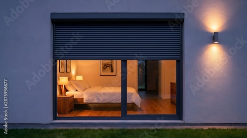 Modern house exterior at dusk with large window revealing cozy bedroom interior illuminated by warm bedside lamps, roller shutters partially closed, outdoor light accents.