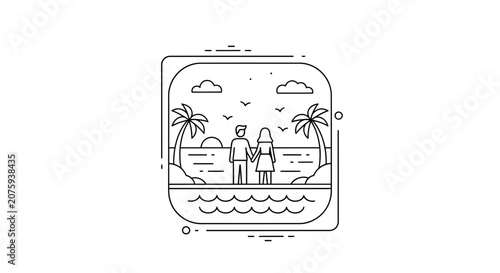 Couple holding hands on beach at sunset, romantic vacation, tropical paradise, line art illustration