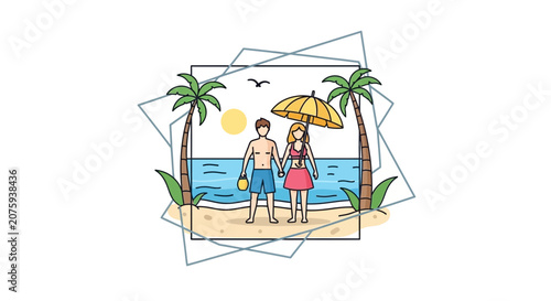 Couple holding hands on beach under umbrella, summer vacation, tropical paradise