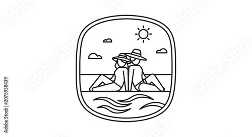 Couple in Hats Relaxing on Beach, Ocean Waves, Sunny Day, Minimalist Line Art