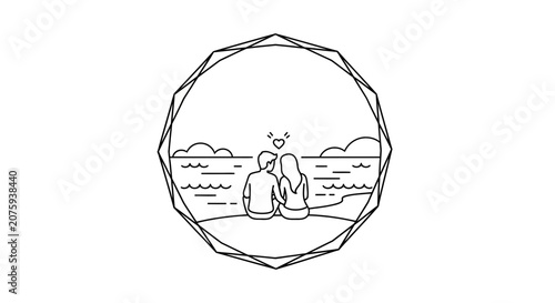 Couple in Love Sitting on Beach Watching Sunset, Romantic Diamond Heart Symbol