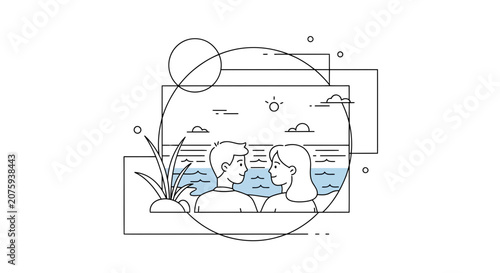 Couple in Love on Beach, Romantic Getaway, Minimalist Line Art Illustration