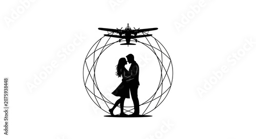 Couple in Silhouette Embracing Under Vintage Airplane and Geometric Globe