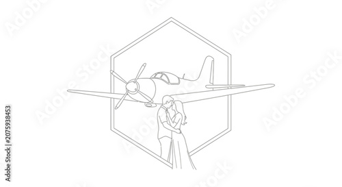 Couple kissing in front of vintage airplane, romantic aviation concept