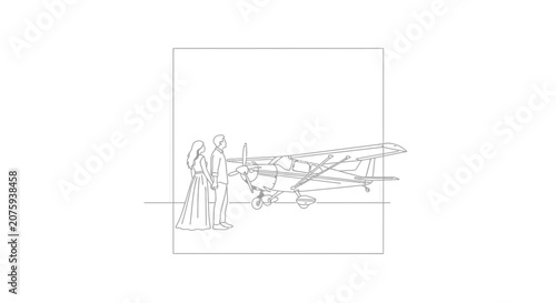 Couple in Wedding Attire Standing Next to a Small Airplane