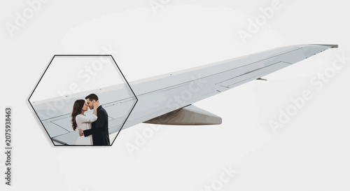Couple kissing on airplane wing in hexagon frame, romantic travel concept