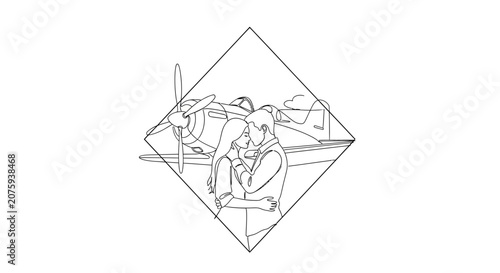 Couple Kissing Next to Vintage Airplane, Romantic Line Art