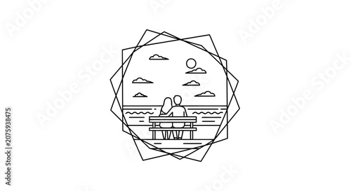 Couple on Bench Watching Sunset Over Ocean, Geometric Frame