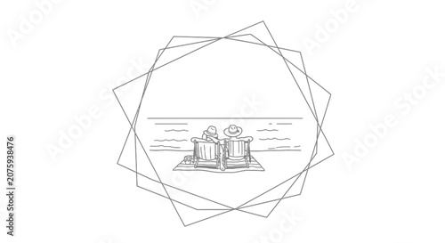 Couple Relaxing in Adirondack Chairs on Beach, Geometric Frame