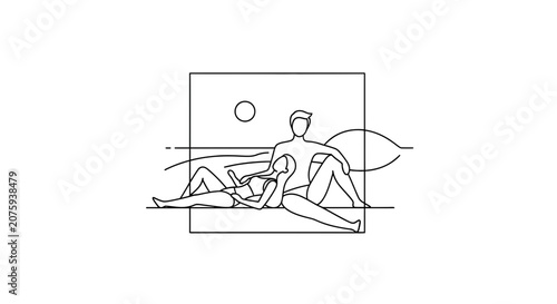 Couple Relaxing on Beach at Sunset, Minimalist Line Art Illustration