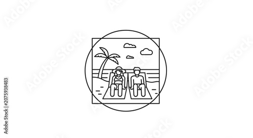 Couple Relaxing on Beach Chairs Under Palm Tree, Tropical Vacation Icon