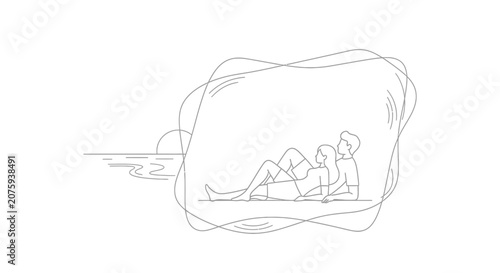 Couple Relaxing on Beach at Sunset, Romantic Summer Vacation, Minimalist Line Art