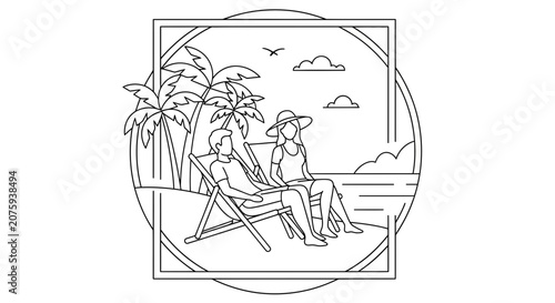 Couple Relaxing on Beach Chairs Under Palm Trees, Tropical Vacation