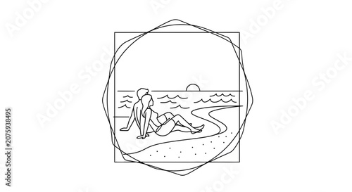 Couple Relaxing on Beach at Sunset, Romantic Seaside Getaway, Minimalist Line Art