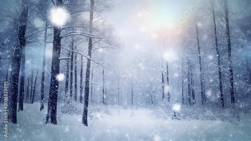 Serene snowfall in a mystical winter forest, slow and peaceful