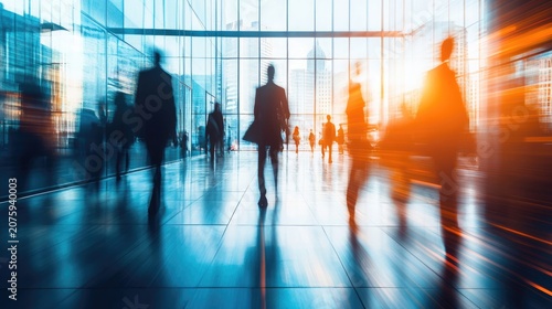 Urban Pulse: Silhouettes of business people in motion blur, traversing a modern glass-walled atrium, illuminated by warm, dramatic light.