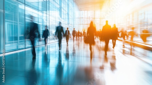 Commuting Through a Modern Atrium: Silhouettes of business people in motion walk through a contemporary glass atrium, bathed in the warm glow of natural sunlight.