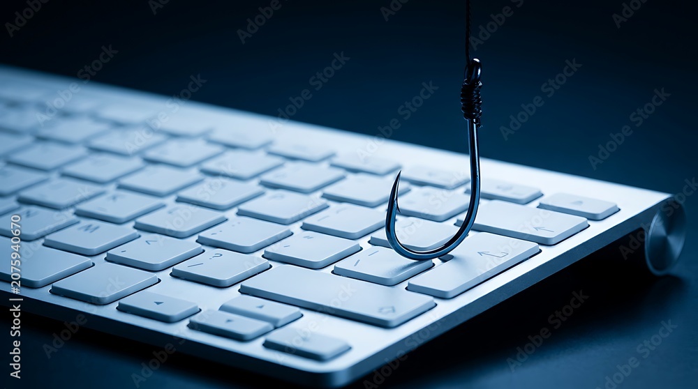 Fototapeta premium Fishing hook dangling over a computer keyboard symbolizing cyber threat phishing scam danger and online security risk data breach concept.