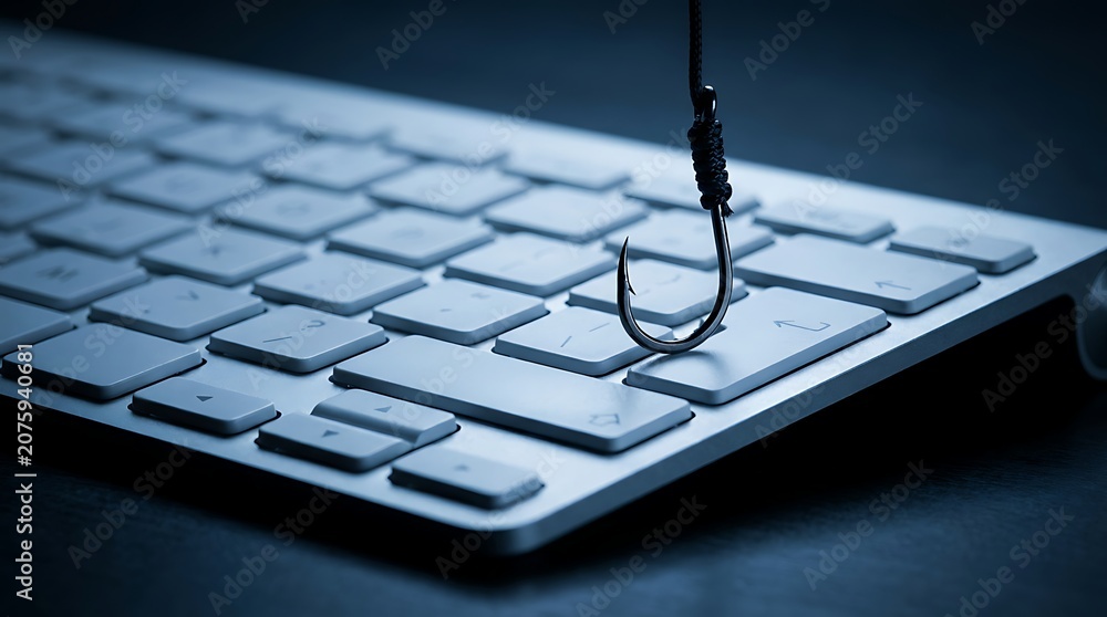Fototapeta premium Fishing hook poised above computer keyboard keys indicating online phishing scam danger cyber attack risk and data security breach concept.